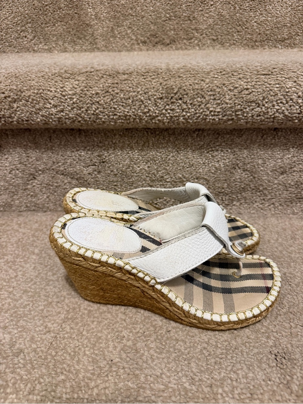 Burberry White Leather Check Espadrille Wedge Sandals